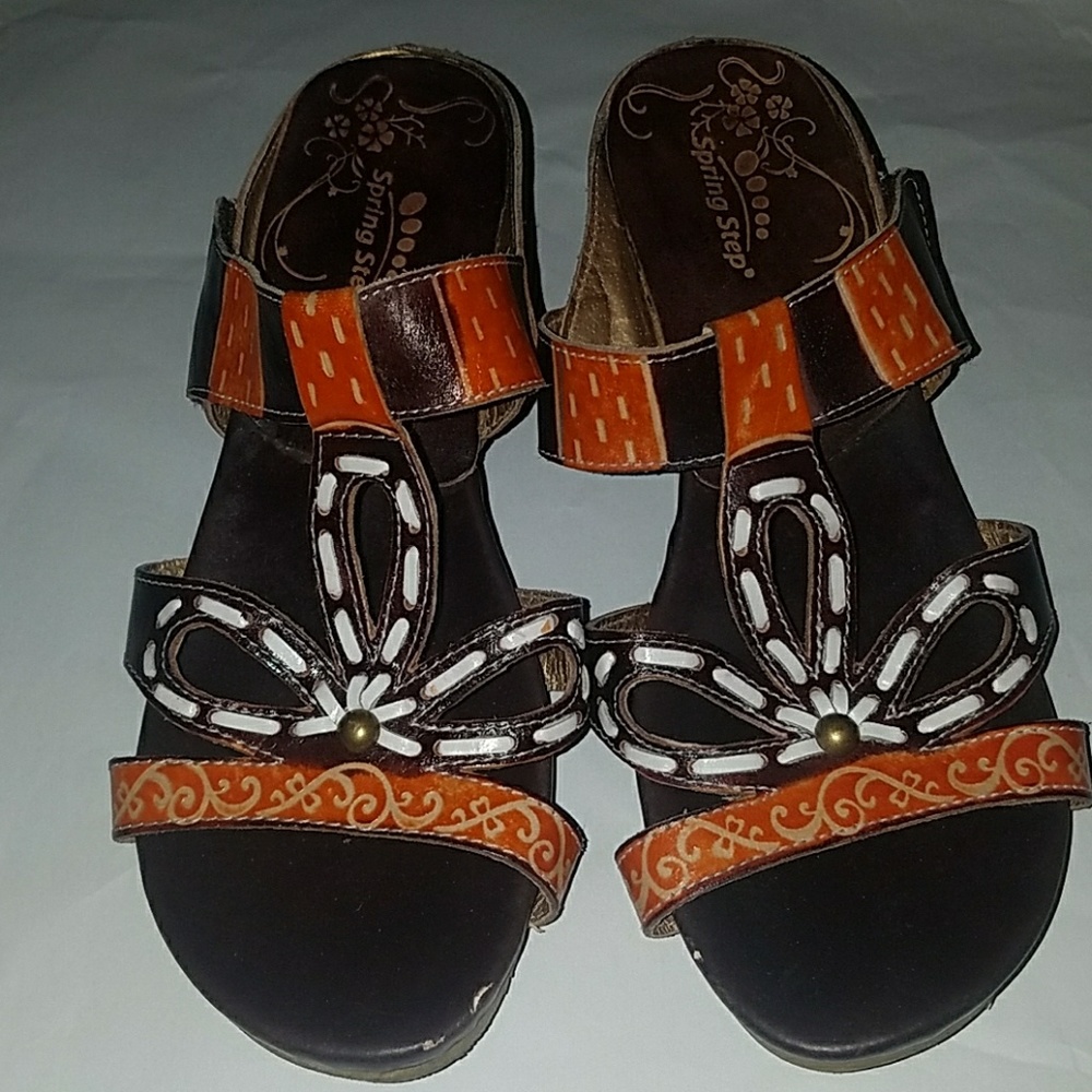 Spring Step Leather Decorative Sandal Wedges